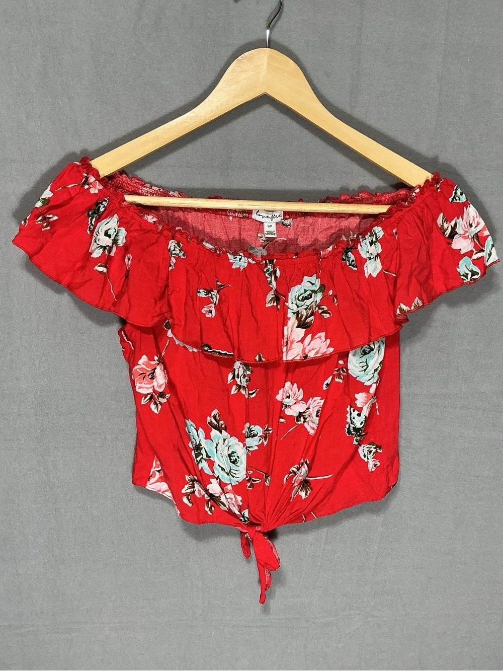 Off The Shoulder Love Fire Red Floral Ruffle Tie Front Crop Top Small
